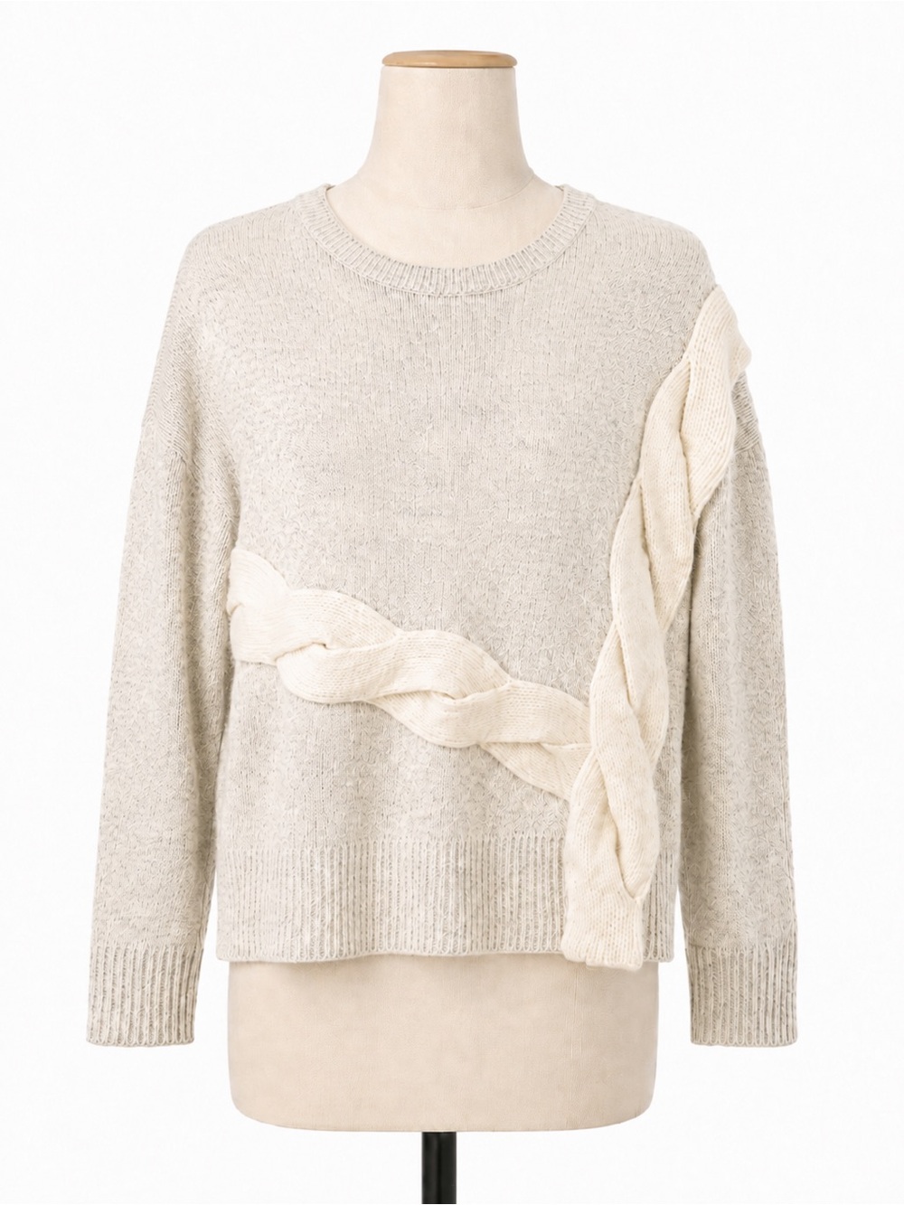 White + Warren 100% Cashmere Crew Neck Braided Sweater Small Cream Gray
